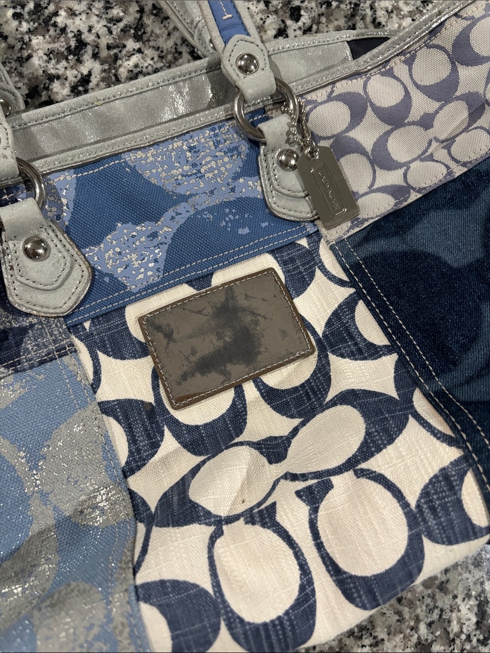 Coach Patchwork Signature Tote in Blue and Cream with Silver Trim - Picture 7 of 12